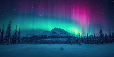 Snow-covered woodland and rugged mountain peaks under aurora borealis, suitable for landscape backgrounds, Winter Solstice