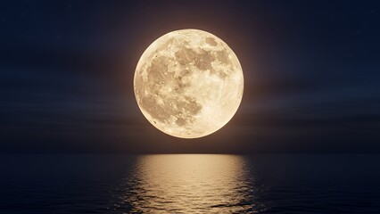 Luminous Full Moon Reflected on Serene Ocean Surface at Night, Tranquil Lunar Scenery, Astronomical Beauty, Night Sky Landscape