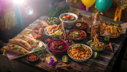 Colorful Mexican party food arranged from a top-down perspective, suitable for celebration layouts