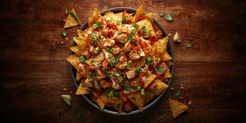 Obraz premium High angle shot of chicken tortilla nachos topped with cream sauce, designed for culinary display