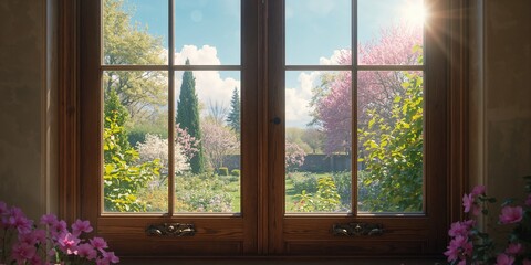Fototapeta premium Old double window framing a sunlit garden scene, used as a UI backdrop for interface design