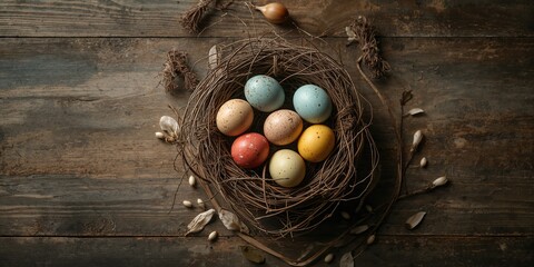 Eggs arranged in a nest on weathered wood with onion husk in the background, holiday celebration for Easter