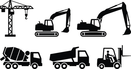 Construction machinery silhouettes icon set, crane excavator mixer truck forklift collection, heavy industrial equipment symbols isolated on white background © imtiyaj