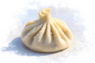 Single khinkali dumpling isolated on a white background, showcasing traditional Georgian design with twisted dough and plump filling
