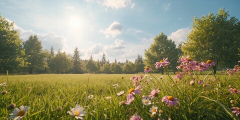 Fototapeta premium Bright summer landscape featuring vibrant sky and blooming flowers, suitable for outdoor scenery layouts