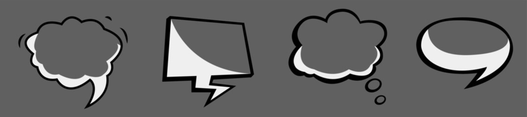 Pop art comic speech and thought bubbles with halftone dots on white background.