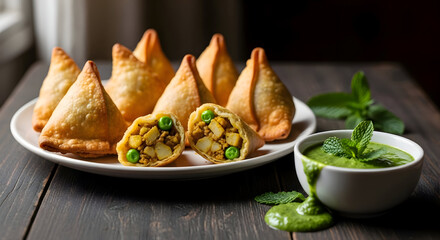 A plate of samosas on a wooden table with a bowl of green sauce