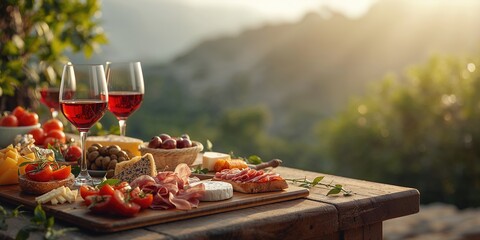 A selection of Italian antipasti arranged on a table with wine bottles, suitable for appetizer presentation