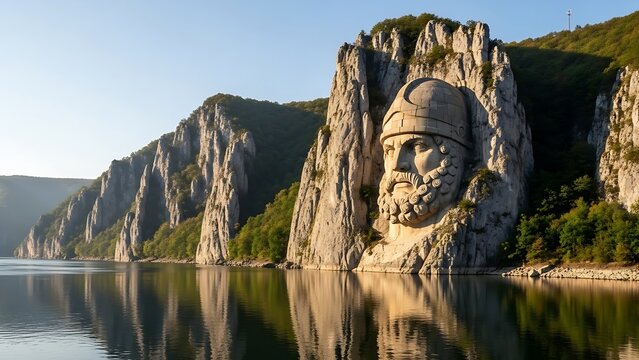 Decebal&rsquo;s Rock Sculpture Overlooking the Danube Gorges, Romania, concept AI generated 