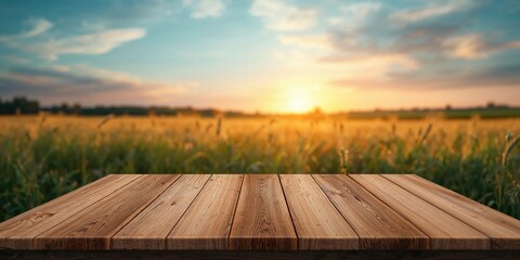 Fototapeta premium Display platform made of wood for products with soft-focused background, ideal for catalog layouts