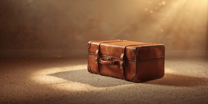 Worn leather travel suitcase placed on the ground, emphasizing aging and material degradation, World Tourism Day
