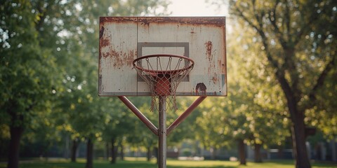 Weathered basketball hoop affixed to a pole in an outdoor setting, sports equipment maintenance