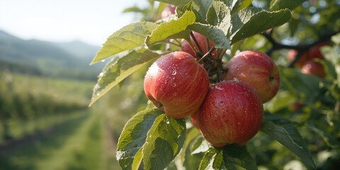 Ripe apples hanging from a tree in an orchard, illustrating seasonal fruit collection for agricultural awareness