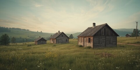 Obraz premium Rustic peasant houses in a rural landscape with aged wooden buildings, serving as a background for countryside themes