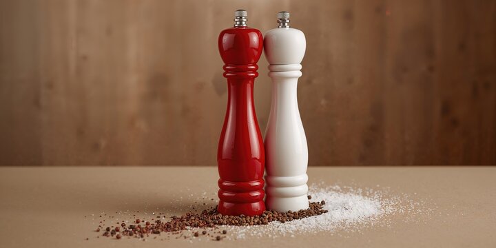 Salt and pepper mills in red and white on a background, used as a kitchen condiment setup