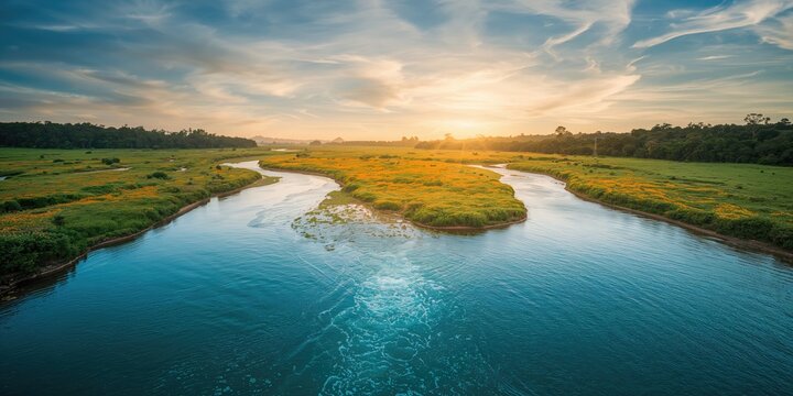 Blue crystalline Sucuri river flowing through a touristic cityscape in Bonito, highlighting water clarity for eco-tourism, Earth Day