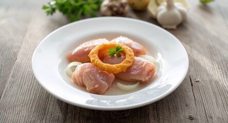 Raw chicken pieces with onion rings on a white plate, food safety and proper handling practices