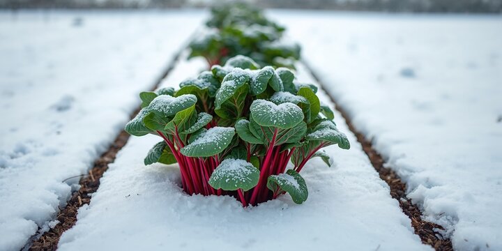 Swiss chard growing in a raised bed with irrigation under snow, emphasizing urban gardening in winter near Dallas, Texas
