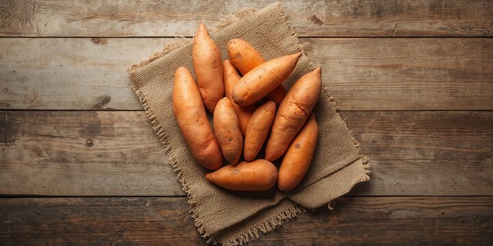 Fresh raw sweet potatoes displayed on a wooden table, suitable for nutritious meal preparation, World Food Day