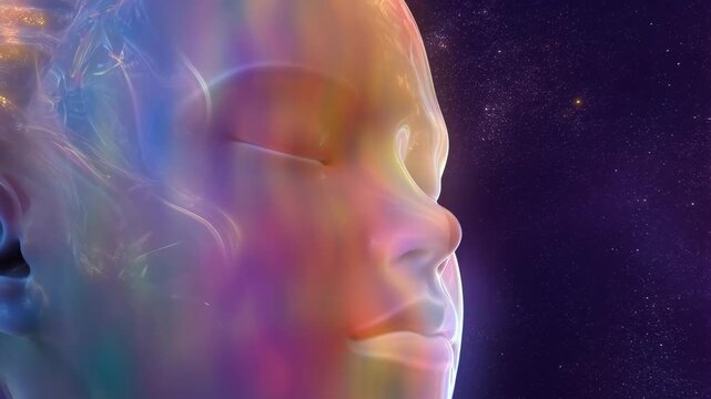 Abstract human face with colorful light reflections against a starry background. Represents the fusion of technology and human emotion in a digital age