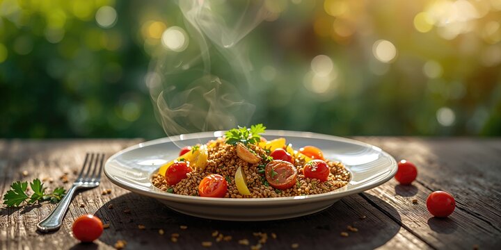 Vegetarian dish with kamut grain and organic vegetables, healthful ingredient choices