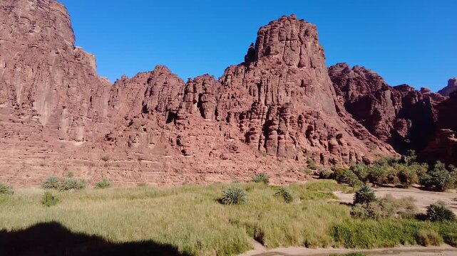 Al-Disah, Saudi Arabia: Panoramic footage of the stunning wadi Al-Disah canyon famous for its red rock and palm tree near Tabuk in the desert of Saudi Arabia. 