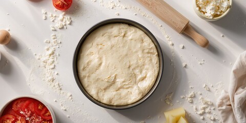 Unbaked Greek pie ingredients including dough, cheese, and tomatoes arranged in a baking dish, focusing on baking process, International Cuisine Day