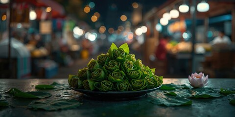 Wrapped foods at an outdoor night market, showcasing local culinary practices, evening market activity, and fresh ingredients, No Food & Drink