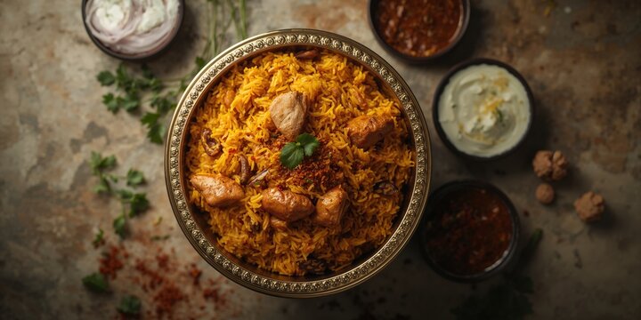 Hyderabadi Chicken dum Biryani featuring aromatic Basmati rice and masala spices, accompanied by Onion raita and Salan, cultural food