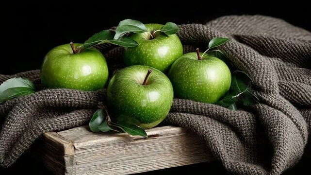 Fresh green apples placed on a wooden table with a soft cloth in a simple setting