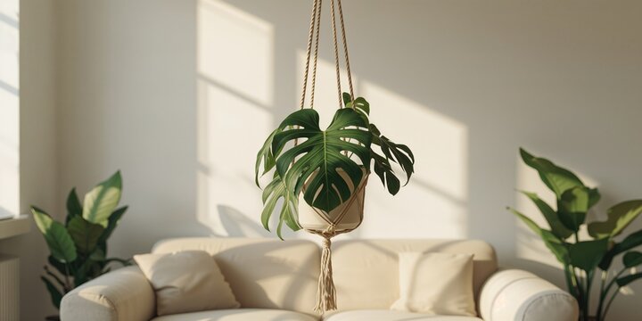 Monstera leaves in wall-mounted plant hangers, aesthetic greenery and space-saving design