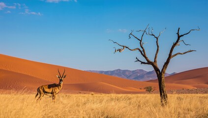Arid landscape featuring acacia trees and herbivores, highlighting desert ecosystem dynamics