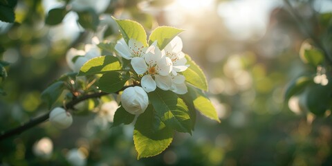 Close-up of white apple blossom flowers on a tree during spring, highlighting flowering stage