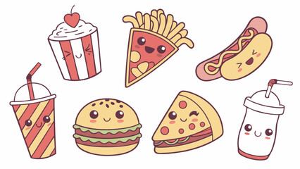 Kawaii Fast Food Icons Happy Burger Pizza Fries Drink Vector for Restaurant Menu Design Fun Children Cafe Promotion