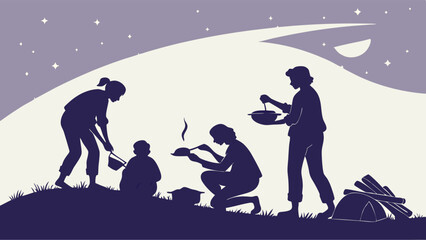 Family Camping Adventure Silhouettes Cooking Dinner Outdoors Under Night Sky for Travel Web Design or Lifestyle Blog Illustration