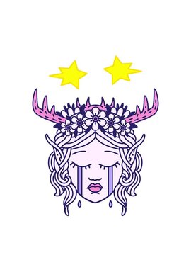spinning stars animation of Retro Tattoo Style crying elf druid character face