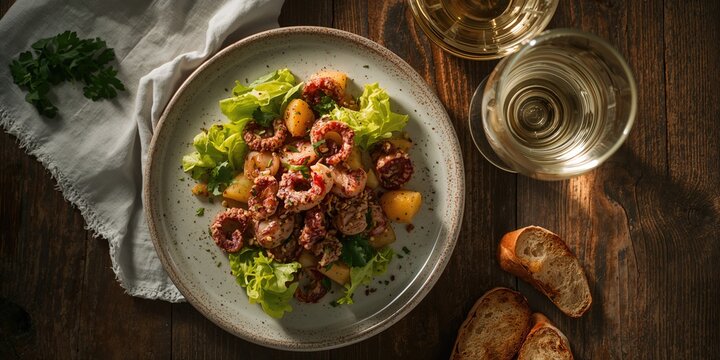 Seafood dish featuring octopus and potatoes accompanied by a white wine glass, highlighting fresh ingredients, World Seafood Day
