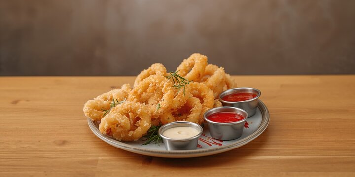 Squid rings served with dipping sauces, flavor enhancement for seafood dishes