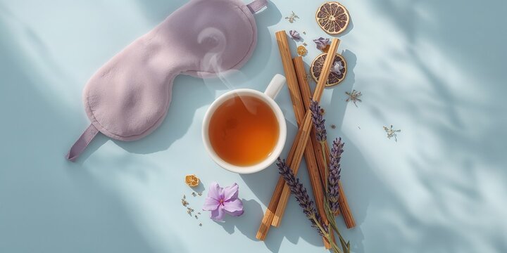 Self-care flat lay featuring sleeping mask lavender flower herbal tea dry oranges and aroma sticks on a blue background, emphasizing stress relief