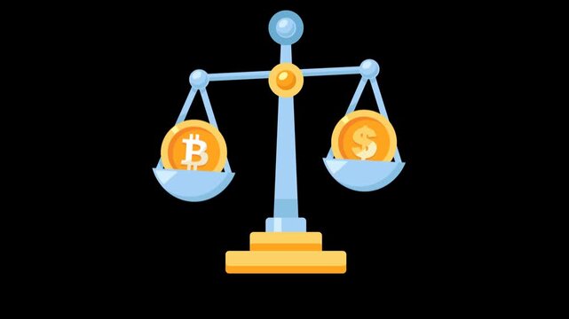 Bitcoin and dollar coin balancing on scales animation, representing the fluctuating value, and market comparison. Alpha Channel, 4k video