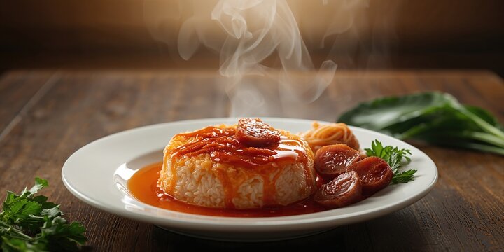 Rice cake with soondae, serving as a protein-rich street food snack in a busy market setting