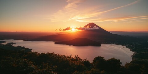 Early morning at Ilamatepec Volcano with Lake Coatepeque, focusing on volcanic and lake scenery for environmental awareness