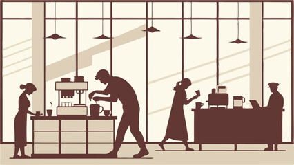 Busy Office Breakroom with Employees Preparing Coffee and Serving Drinks