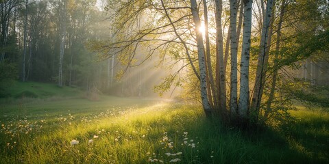 Obraz premium Sunset scene in a spring birch forest with bright young foliage illuminated by sunlight, seasonal change, Earth Day
