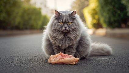 Gray feline seated on city street surface eating raw meat, highlighting urban animal activity