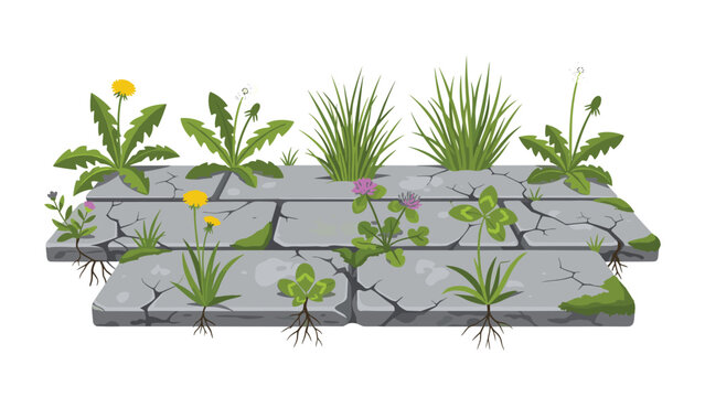 Overgrown stone pathway features vibrant weeds and grasses growing between cracked paving slabs, creating a natural, rustic scene.