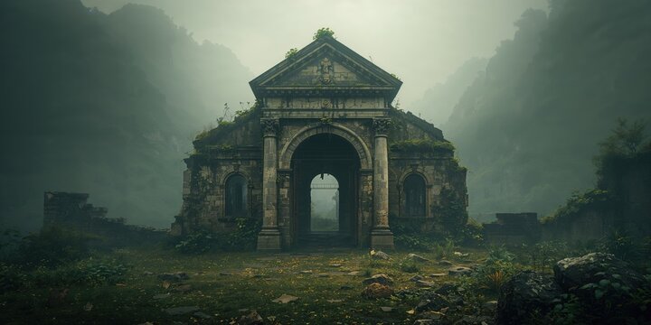 Ancient church ruins with weathered stone walls and overgrown vegetation, historical preservation efforts, Earth Day - Powered by Adobe