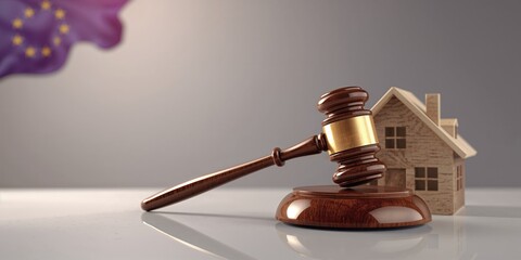 Courtroom scene with a gavel and wooden house model, focusing on legal rulings and real estate negotiations, no observance day