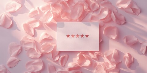 Five-star review displayed on a stationery card surrounded by pink petals, for celebration acknowledgment