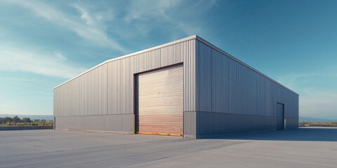 Obraz premium Gray industrial warehouse featuring sheet metal exterior and expansive roller door, suitable for architectural layouts